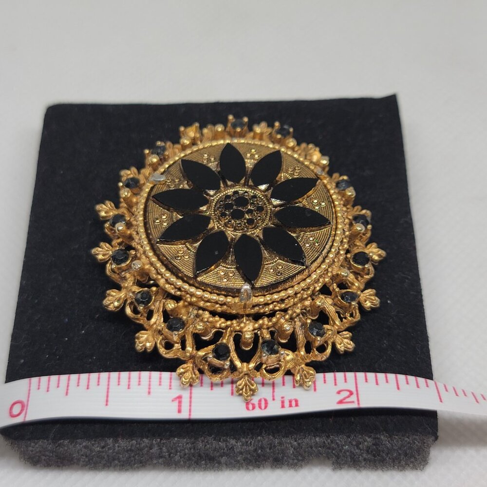 Florenza Gold Black Brooch Glass Round Pin Black Rhinestones OS Vintage - Picture 6 of 11